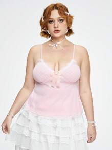 ROMWE Kawaii 大尺碼女士夏季對比蕾絲蝴蝶裝飾背心上衣 - 粉色 - 查看 1