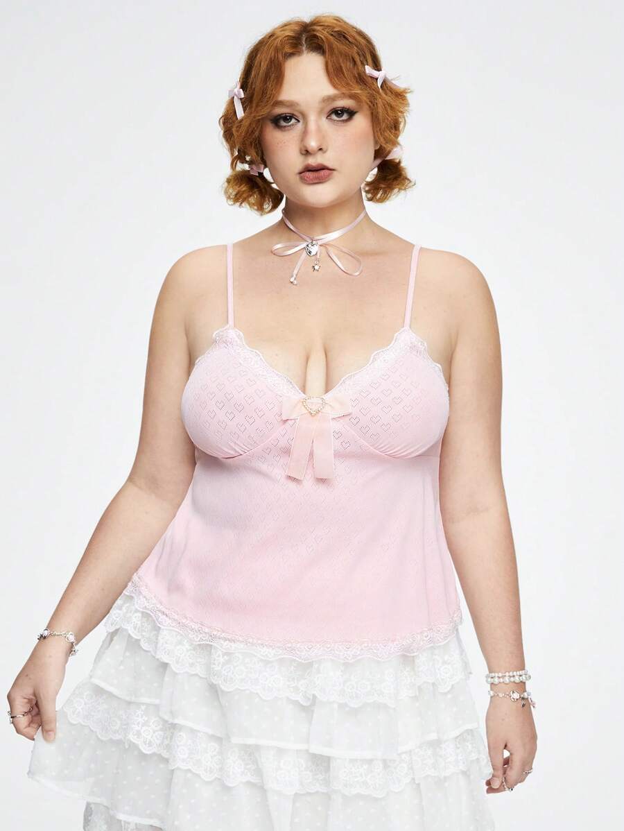 ROMWE Kawaii 大尺碼女士夏季對比蕾絲蝴蝶裝飾背心上衣 - 粉色 - 查看 1