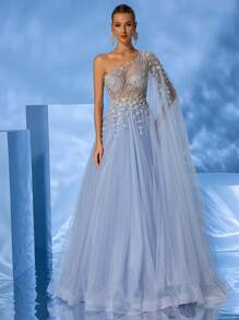 女士正式宴会晚礼服，优雅浪漫手工串珠贴花褶皱多层薄纱单肩喇叭裙长袖舞会婚礼宾客礼服，适合毕业典礼、晚宴 - 淺藍色 - 查看 2