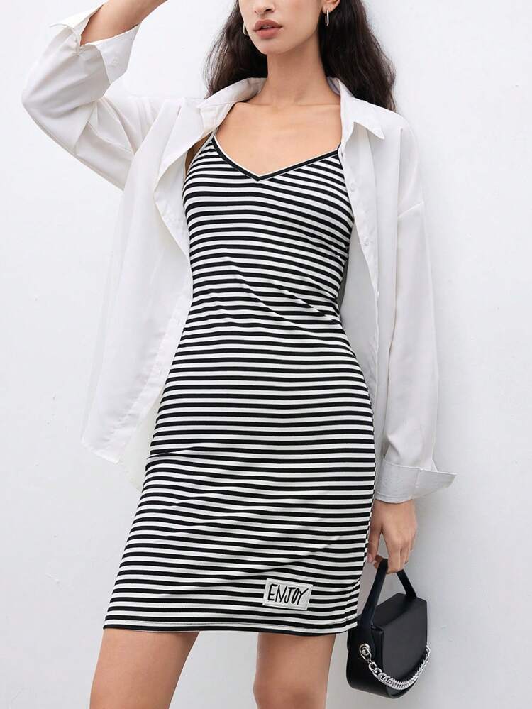 Women's Summer Vest Stripe Casual Dress With Letter Pattern