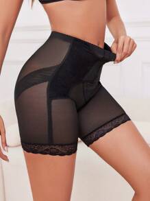 Ladies' Solid Color Simple Style Lace Trim Tummy Control Butt Lifting Panties - Black - View 3