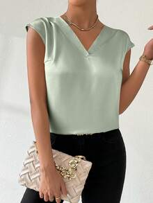 SHEIN Clasi Áo kiểu nữ cổ chữ V không tay màu trơn thời trang - màu xanh lá - Xem 3