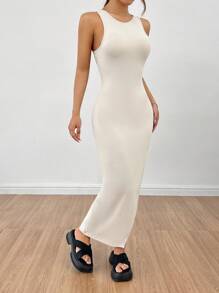 SHEIN PETITE Women Plain Color Split Thigh Open Back Summer Sleeveless Dress