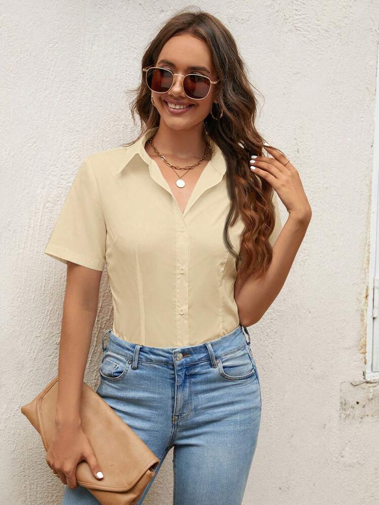 Women Solid Color Short Sleeve Casual Shirt For Summer