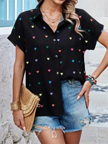 SHEIN LUNE Dames Valentijn Hart Print Vleermuis Korte Mouw Shirt