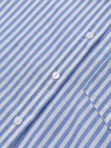 Elamini 条纹短款宽松休闲女式宽松袖口衬衫，亚麻质感女式衬衫