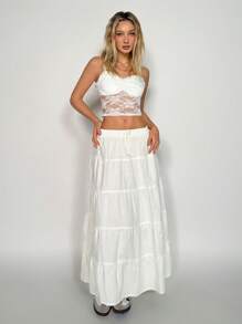 SHEIN EZwear 白色彈性腰線休閒日常穿搭長款A字裙 - 白色 - 查看 1