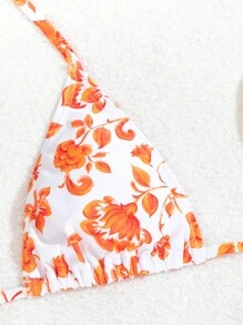 Swim Mod 女士夏季海滩碎花吊带比基尼套装度假比基尼套装带罩衫裙泳衣，随机印花，3 件套 - 橘色 - 查看 4