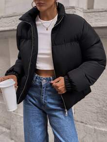 EURMUSE Short Padded Jacket In A Plain Design, Contrast Metal Colour Zipper - Black - View 7