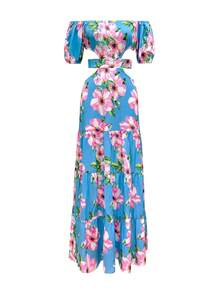 Women Flower Printed Off Shoulder Hollow Out Dress Elegant - Multicolor - View 3