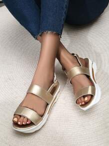 Women's Size 43 Sandals, European And American Style Thong Sandals With Thick Sole, Buckle Strap, Platform Wedge Heel Sandals - Gold - View 5