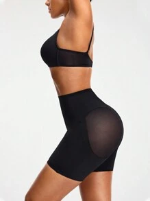 SHAPORA Faja de cintura alta para mujer con unicolor y detalles de malla transparente - Negro - Ver 7