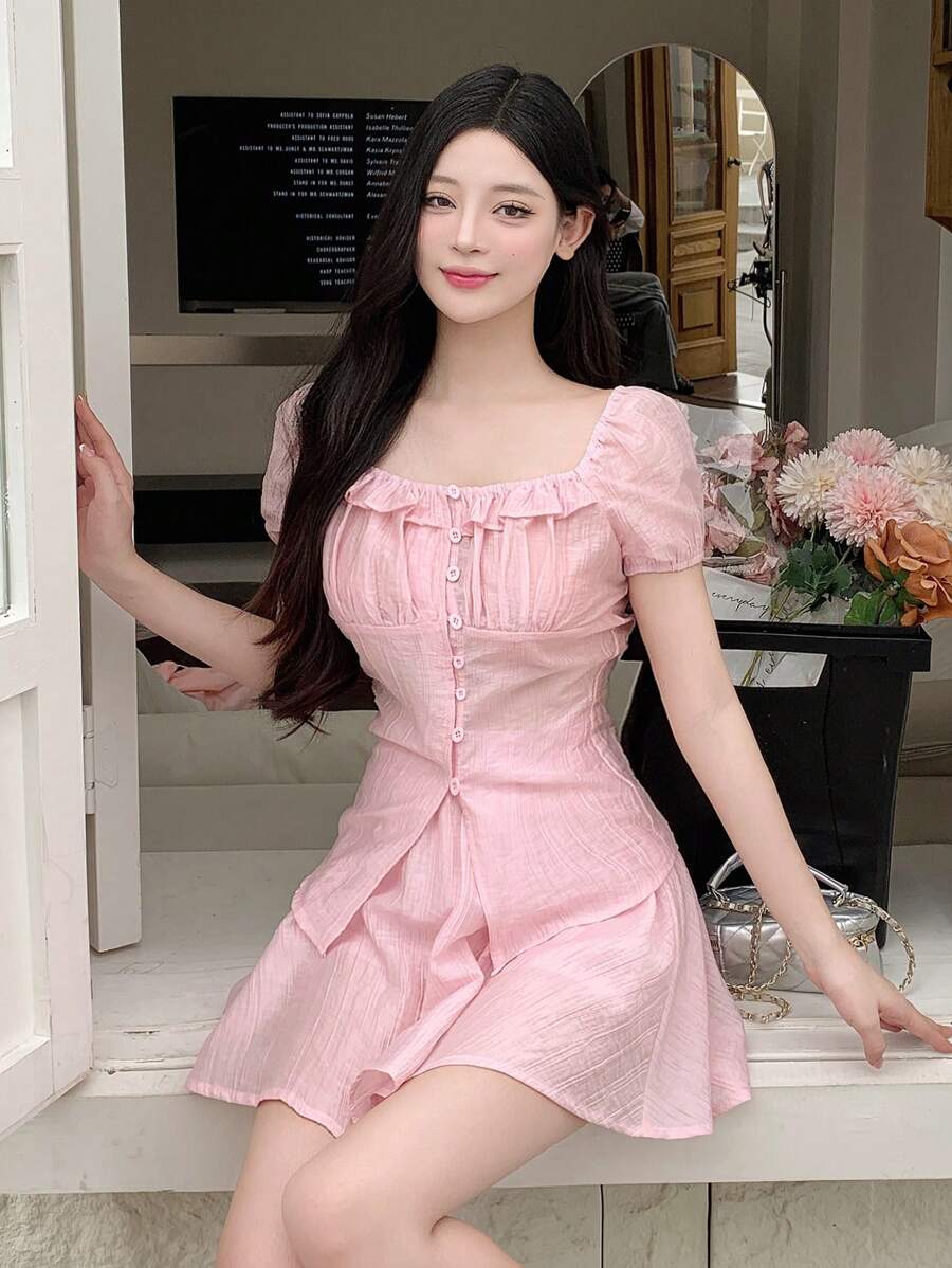 DAZY 女士方领短袖两件套，荷叶边 - 粉色 - 查看 1