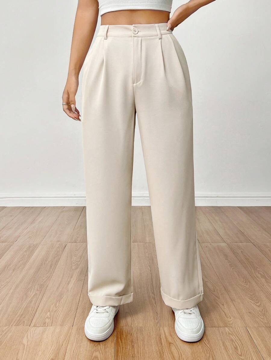SHEIN PETITE Casual Solid Color Pleated Straight Wide-Leg Pants With Rolled Cuffs