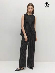 BizChic 女士商务条纹印花圆领无袖交叉裹身衬衫和口袋长裤两件套秋季女装