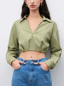 SHEIN Unity Women's Spring & Summer Casual Long Sleeve Half Cut Shirt - Army Green - View 2