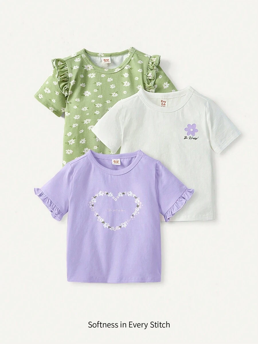 Cozy Pixies Baby Girl Cartoon Print Round Neckline Ruffle Short Sleeve Top Three-Piece Set - Purple - View 1