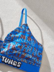 LOONEY TUNES X SHEIN Set aus Strickbikini in Große Größen mit lässigem Buchstaben-Grafik Motiv, Sommer
