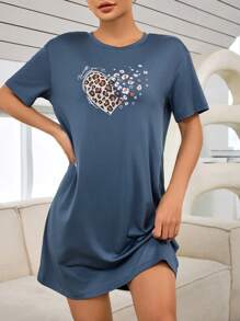 Women's Letter Leopard Print Round Neck Short Sleeve Casual T-Shirt Sleep Dress Pajama Dress