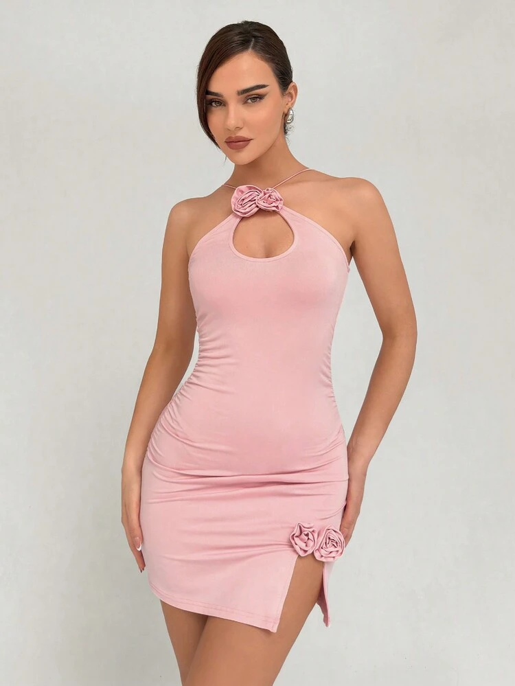 Sexy Music Festival Girl Streetwear Sleeveless Backless High Slit Bodycon Mini Dress With Hollow Out Design For Date