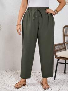 SHEIN Frenchy Plus Size Linen Pants,Vacation Solid Color High Waist Tie Front Trousers - Army Green - View 3