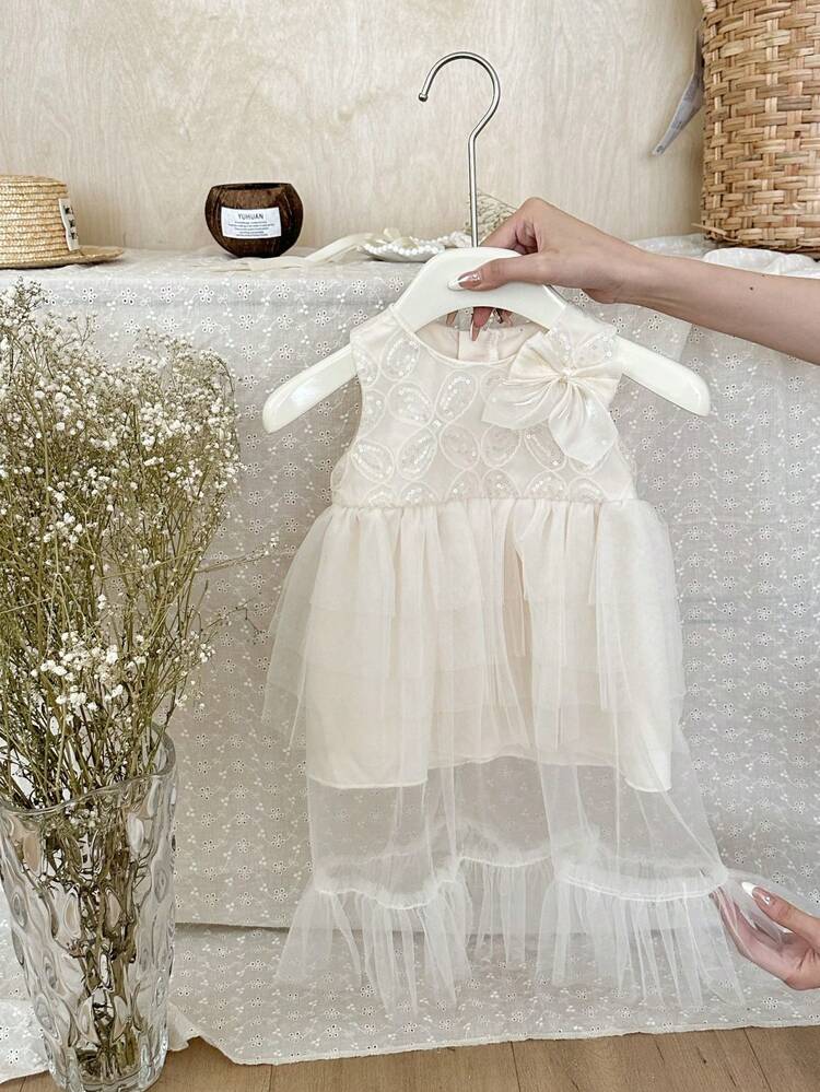 Fashionable And Elegant Baby Girl Summer Dress, Featuring Mesh And Bow Decorated Sleeveless Tank Dress