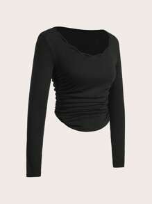 SHEIN Frenchy Women's Going Out Tops Fall Outfits  Back To School Textured Fabric Wave Edge V-Neck Long Sleeve T-Shirt White Top Preppy Tops,Commute,Office,Old Money,Simple,Minimalist, Winter Black - Black - View 6