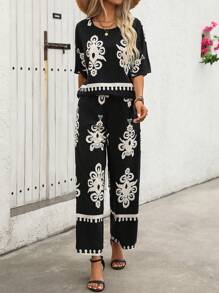 SHEIN LUNE Women Fashionable Summer Printed Versatile 2-Piece Set - Black - View 6