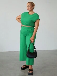 SHEIN EZwear Plus Size Green Linen Holiday Casual Pants Set