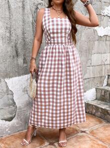 SHEIN VCAY Vestito casual a quadri con cintura incrociata stile vacanza taglie comode - Multicolore - Visualizzare 1