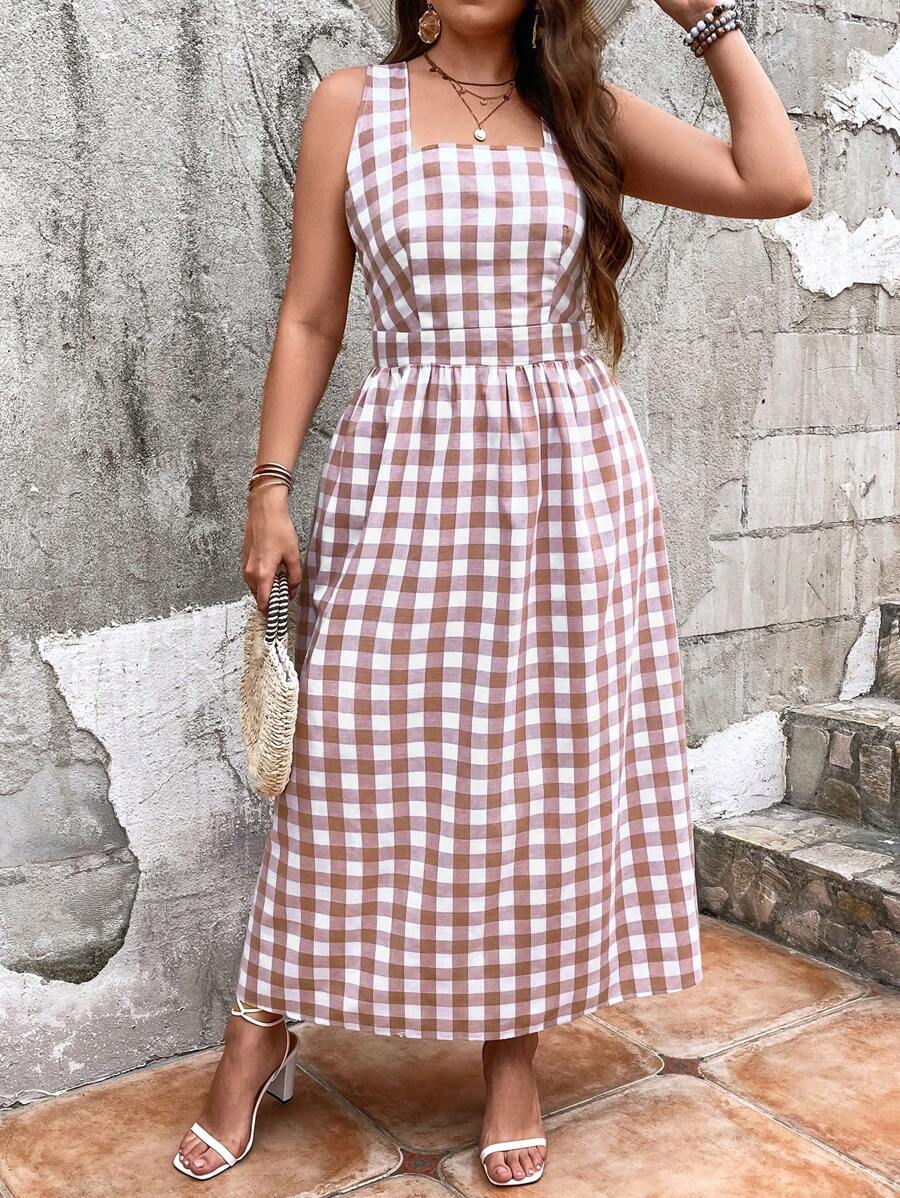 SHEIN VCAY Vestito casual a quadri con cintura incrociata stile vacanza taglie comode - Multicolore - Visualizzare 1