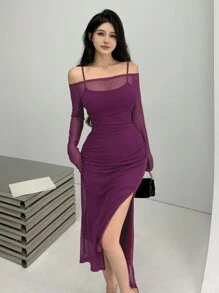 DAZY Women's Off Shoulder Long Sleeve Mesh Party Dress, Banquet & School Events - Purple - View 3