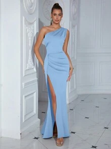 ADYCE Solid Color One Shoulder Vintage Ruched Waisted High Slit Party Bodycon Long Dress For Homecoming Or Graduation Elegant Formal Evening Prom Wedding Guest Gown, For Dinner - Baby Blue - View 5