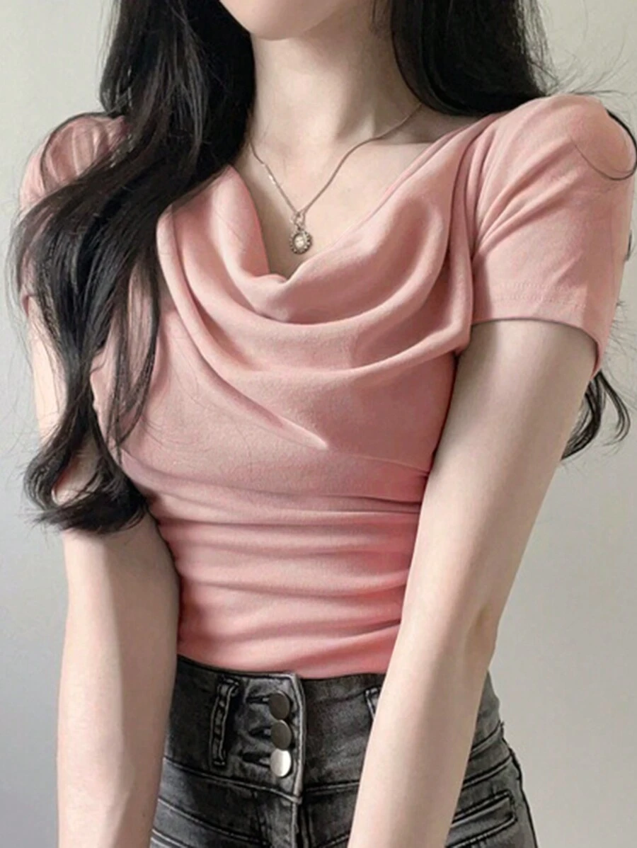 DAZY Women Solid Color Slim Fit Ruched Off-Shoulder Design T-Shirt Summer - Pink - View 1