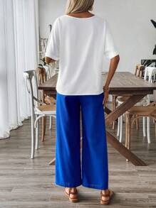 SHEIN LUNE 春夏季輕鬆自在的蝴蝶印花兩件套裝，適合日常穿著 - 藍白色 - 查看 2