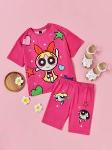THE POWERPUFF GIRLS X SHEIN Conjunto de camiseta de manga corta y shorts impresos con dibujos animados brillantes, informal y lindo para niña preadolescente, verano