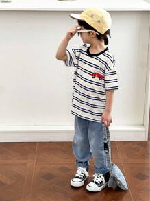 SHEIN 1pc Baby Boy Cute & Fun Slogan Printed Round Neck Short Sleeve T-Shirt, Spring/Summer - White - View 4