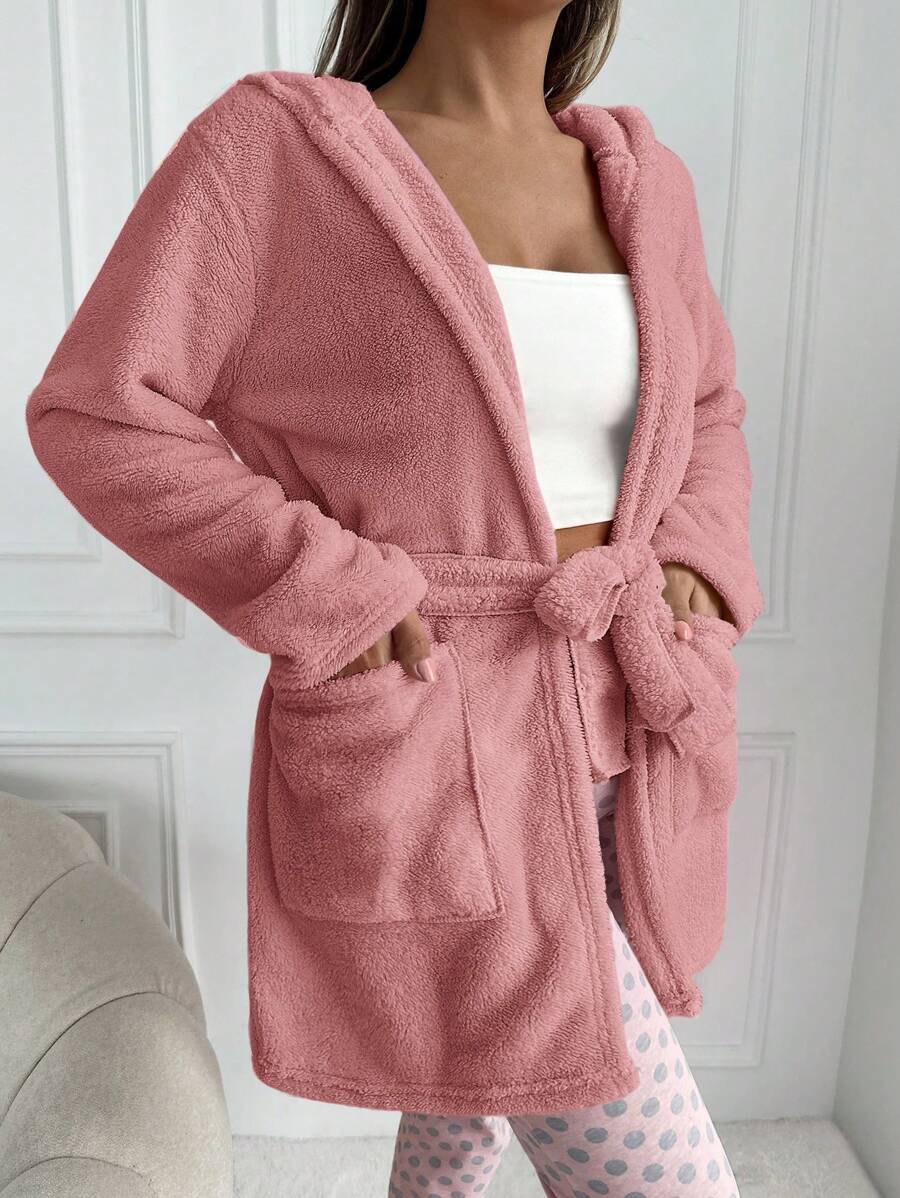 RueChic Letter Embroidered Hooded Bathrobe With Belt And Large Pockets - Pink - View 1