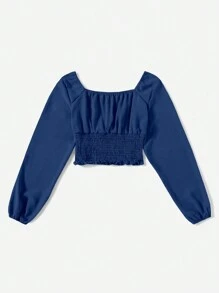 Mulvari Top corto de cintura fruncida para mujer con mangas largas y cuello cuadrado para primavera/verano