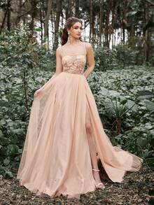 Faeriesty Vestido de Baile de Alças em Mesh com Aplicações Florais no Busto - Coral Rosa - Ver 7