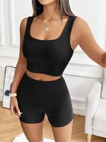 SHEIN EZwear Black Knitted Ladies Tight-Fitting Casual Suit - Black - View 4