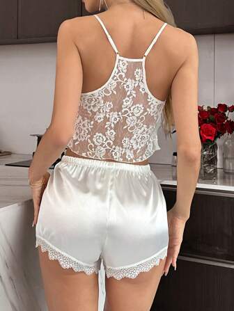 SilkySpell Kontrast Wimpernspitzen-Satin-Pyjama-Set / Pyjama-Set in Weiß für Braut-Lingerie, Urlaub