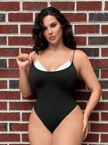 SHEIN SXY Plus 2 In 1 Double Strap High Cut Cami Bodysuit - Black and White - View 6