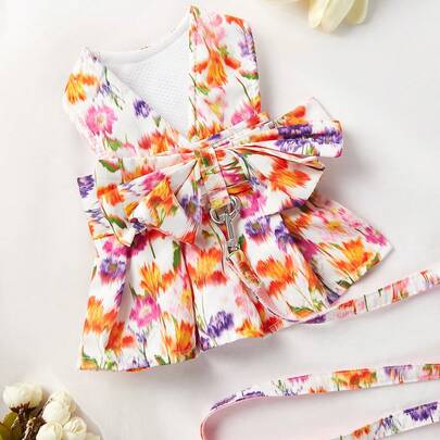 PETSIN 浪漫花卉印花蝴蝶結寵物項圈和牽繩套裝，適用於戶外活動，1套