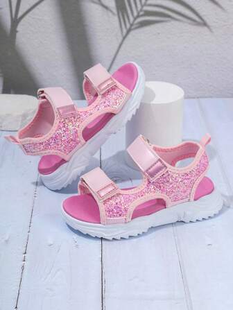 1 Pair Girls Pink Glittery Hook And Loop Casual Sports Sandals