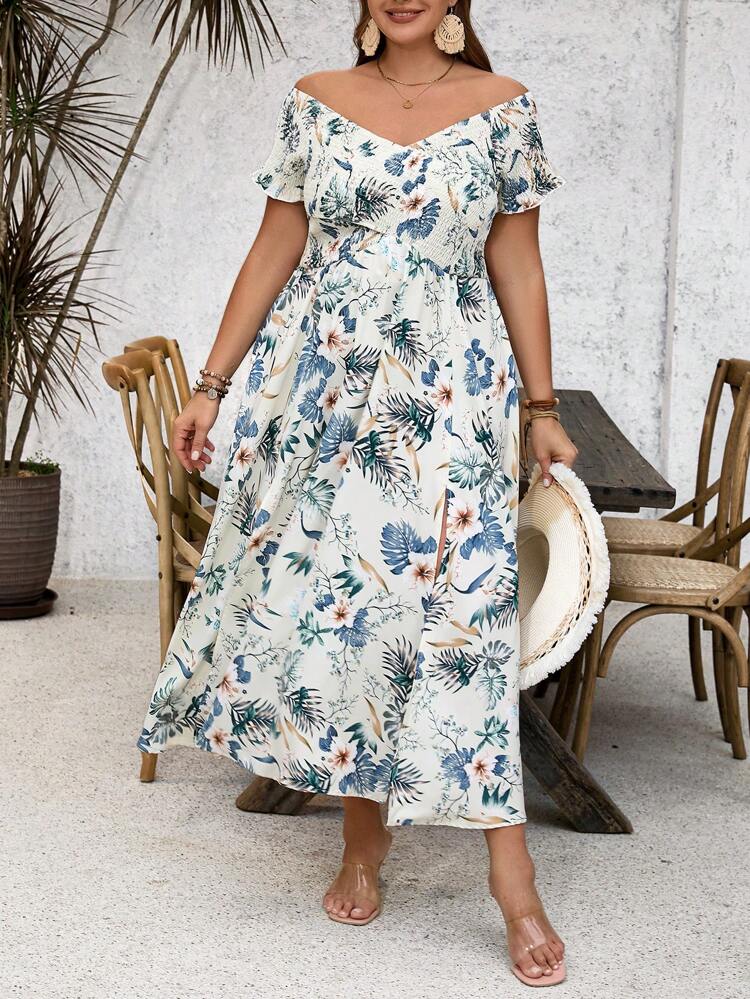 Plus Size Vacation Cross V-Neck Short Sleeve Dress With Plant Print