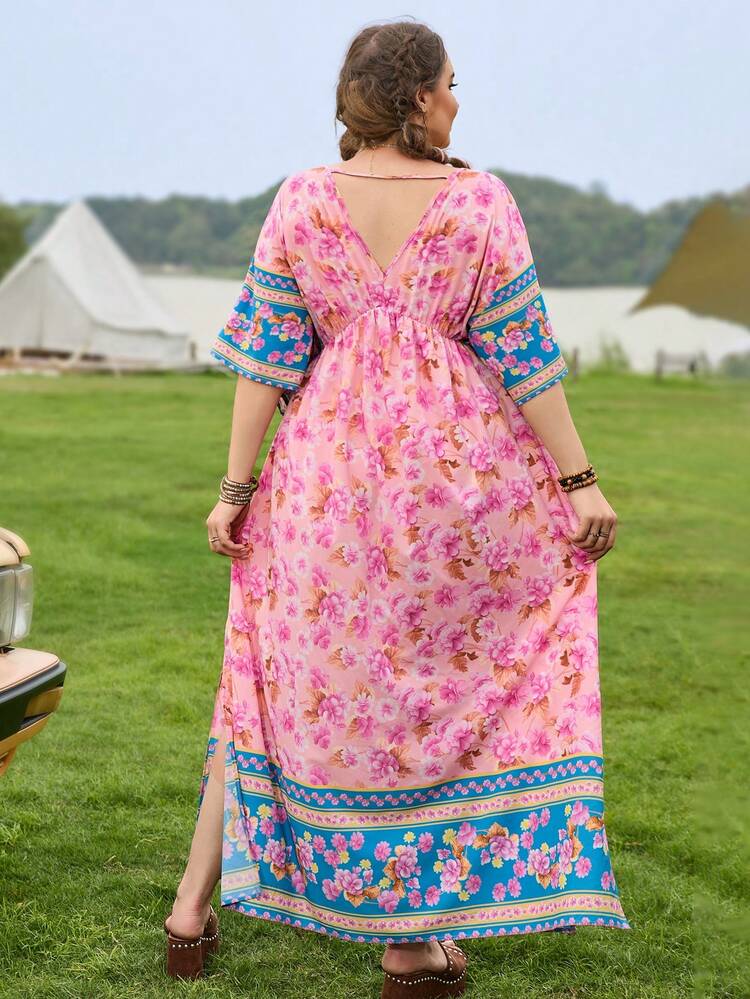 WYWH Women's Plus Size V-Neck Vintage Allover Print Summer Holiday Dress