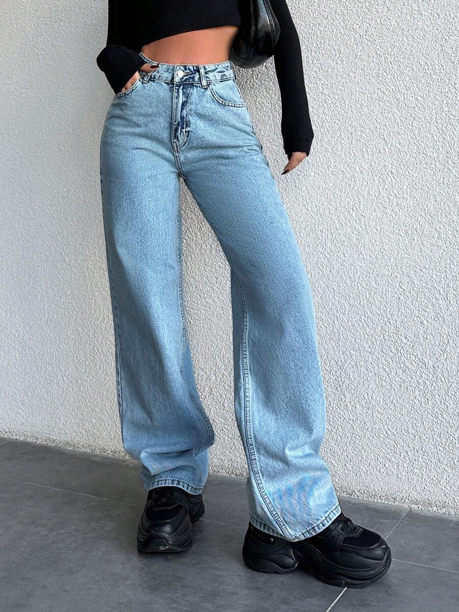 SHEIN Cottnline 女士直腳牛仔褲 - 中等水洗藍 - 查看 1