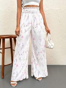 SHEIN Privé Women's Summer Elegant, Floral Printed, Pleated High Waisted Long Pants, Perfect For Daily Wearing, Vacation, Party, Music Festival And Ins