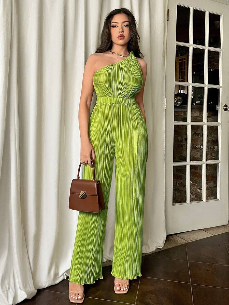 Firerie Women Green One Shoulder Twist Ruched Waist Wide Leg Jumpsuit, Suitable For Wedding, Engagement, Concert, Rave Festival, Graduation - Green - View 1